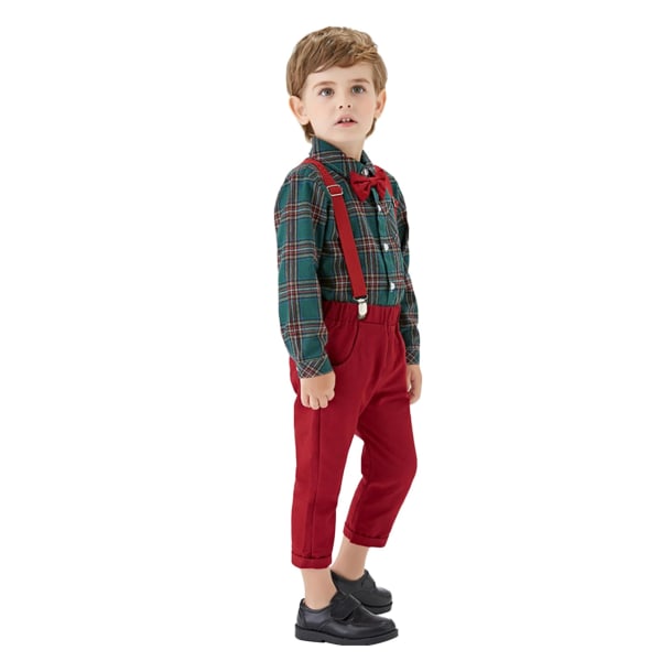 Pojkar Jul Långärmad Fluga Skjortor Barn Gentleman Kläder Set Green 80cm