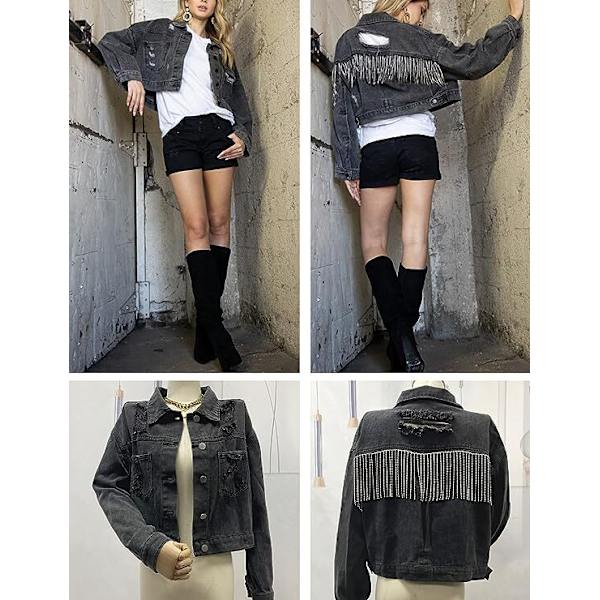 Dame Langærmet Denimjakke med Frynser og Rhinestones Black L