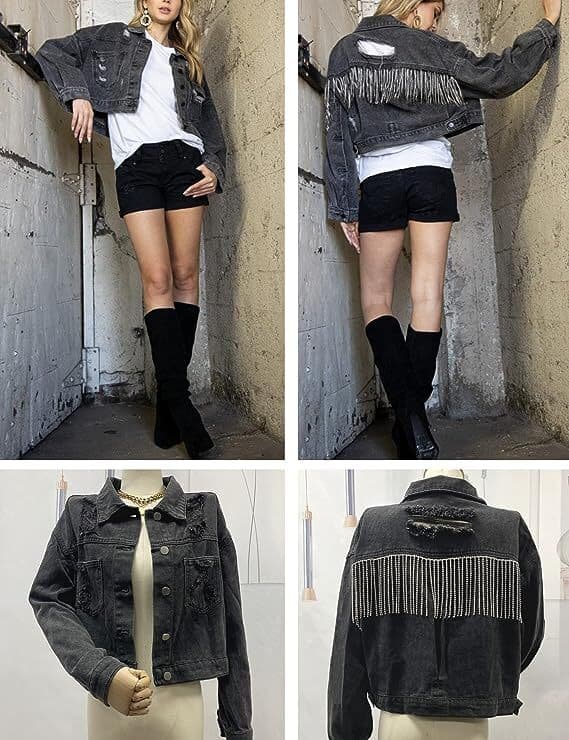 Damjeansjacka med lång ärm, fransar och strass Black S