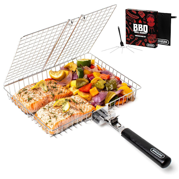 Grillkorg, Stor hopfällbar grillkorg i rostfritt stål med handtag