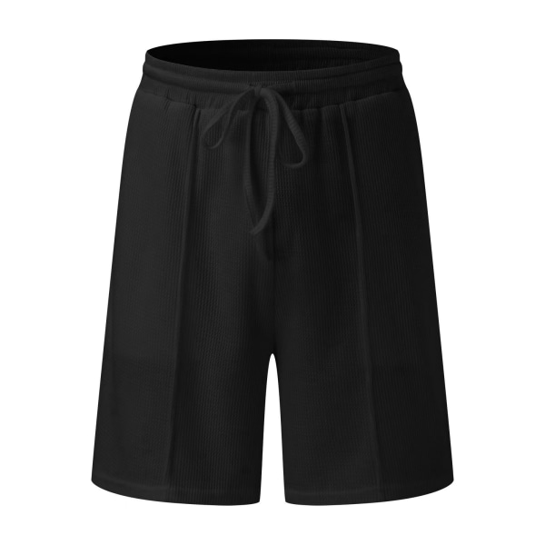 Våffelstickad pikétröja och shorts för män 2- set Outfits sommarkostym Black XL