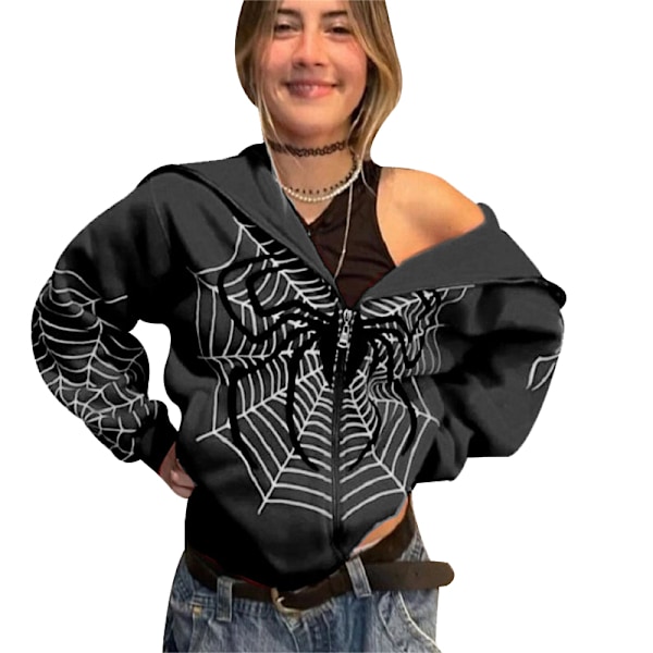 Y2k Helzippade Hoodie för Kvinnor Överstorlek Goth Tröja Black S