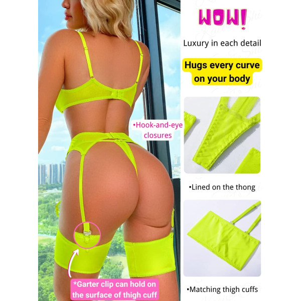 Blomsterbroderet, Underwire, G-String, Strømpebånd, 4 Dele Lingeri Yellow M