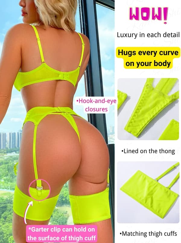 Kukallinen, Rintaliivit, G-string, Sukkapyörä, 4 Osainen Alusvaate Yellow S