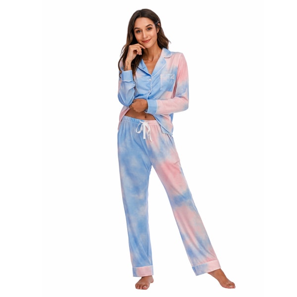 Pyjamas Set för Kvinnor, Långärmad, Knappar, Nattkläder, Bomull, Pj-Set Pink Blue M