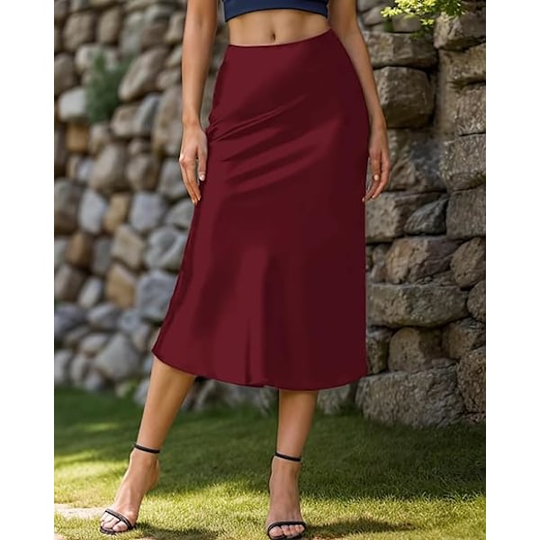 Elegant Dam Satin Silkeslen Kjol Hög Midja A-linjeformad Midikjol Beige L