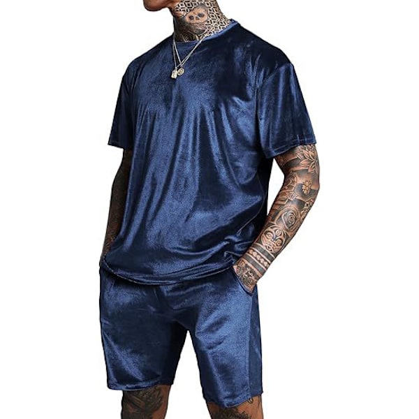 Män Velour Skjorta Pullover Shorts 2-Delad Outfit Spårkostym Blue M