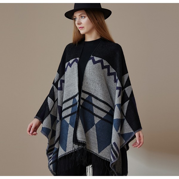 Retro Tofs Poncho Sjal Cape Wraps för kvinnor black2