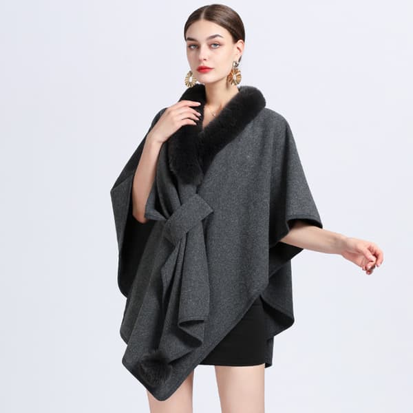 Faux Fur Trim Cardigan Kappe Sjal til Efterår Vinter Grey