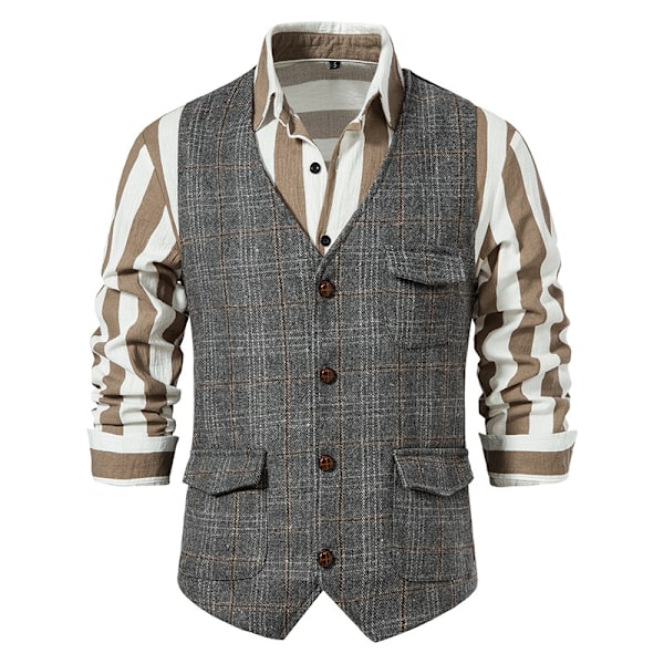 Herrevest for Bryllup Rutete Myk Ull Tweed Vest grey M