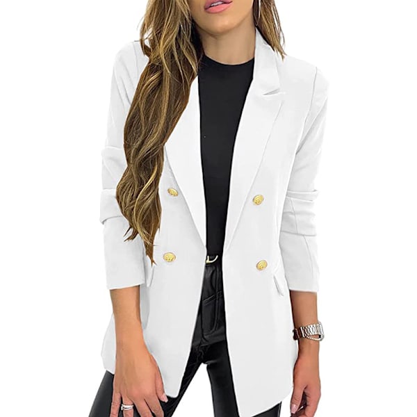 Dame Blazerjakke i Ensfarvet Casual Langærmet med Rever og Knapper White L