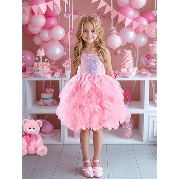 Tutu-klänning för flickor, Glittrande Sekvenstull Prinsessfödelsedagsklänning Pink 10T