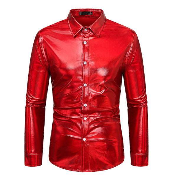 Metallic Disco Shiny Slim Fit Långärmad Button Down nattklubbskjortor för män Burgundy XL