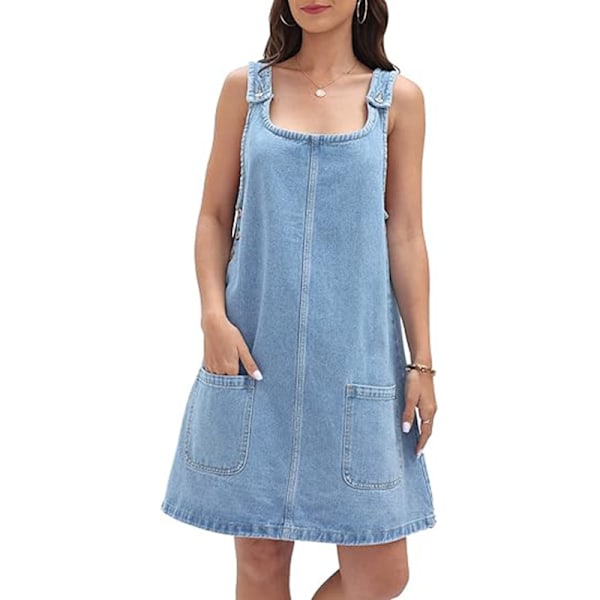 Kvinners Ermeløs Avslappet Denimkjole Rundhals Mini Kjole Blue XL