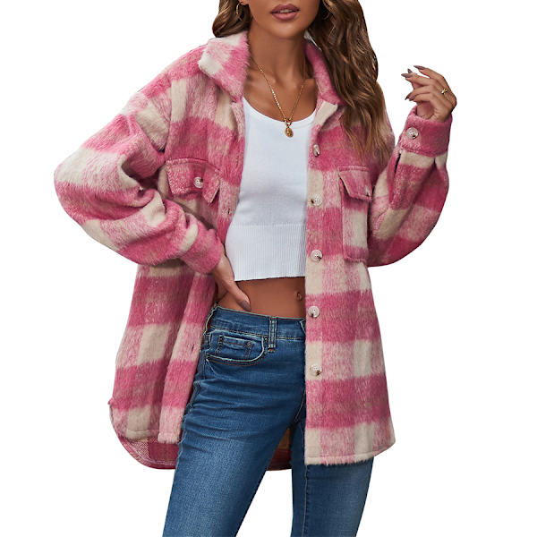 Dametøj Langærmet Casual Plaid Shacket Jakker Skjorter Lapel Tweed Peacoat Pink M