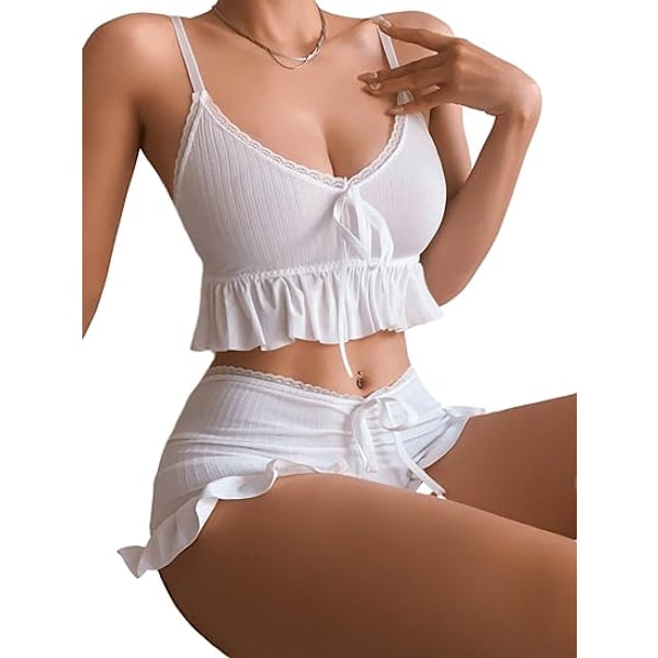 Naisten 2-osainen alusvaatesetti, Rypytetty reunus ja solmittava etuosa, Cami-top ja shortsit, yöasu S