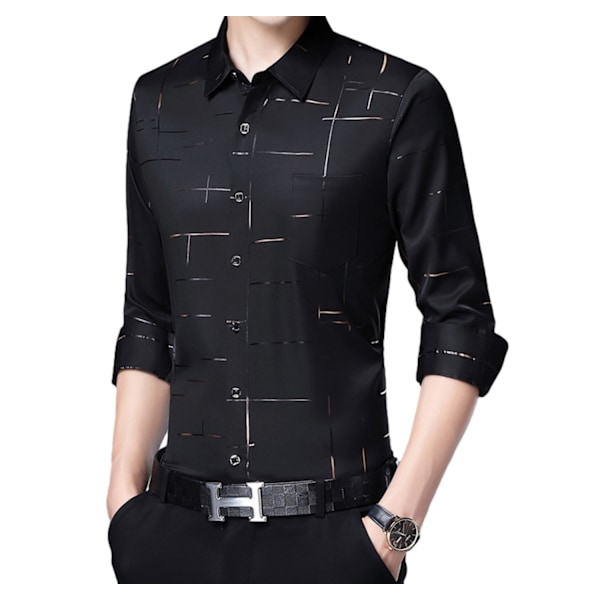 Mænds Trykt Lapel Business Casual Langærmet Skjorte Black M
