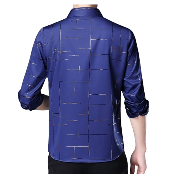 Mænds Trykt Lapel Business Casual Langærmet Skjorte Dark blue M