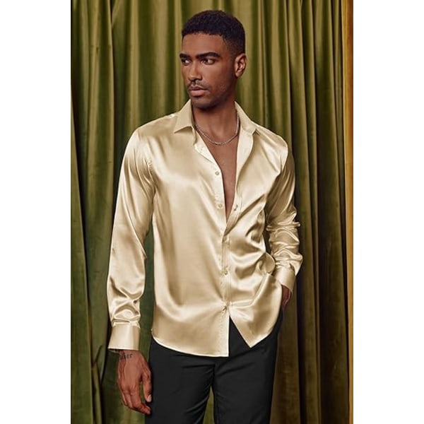 Långärmade klänningskjortor i sidensatin för män Glänsande Casual Button Down-skjorta Gold XL