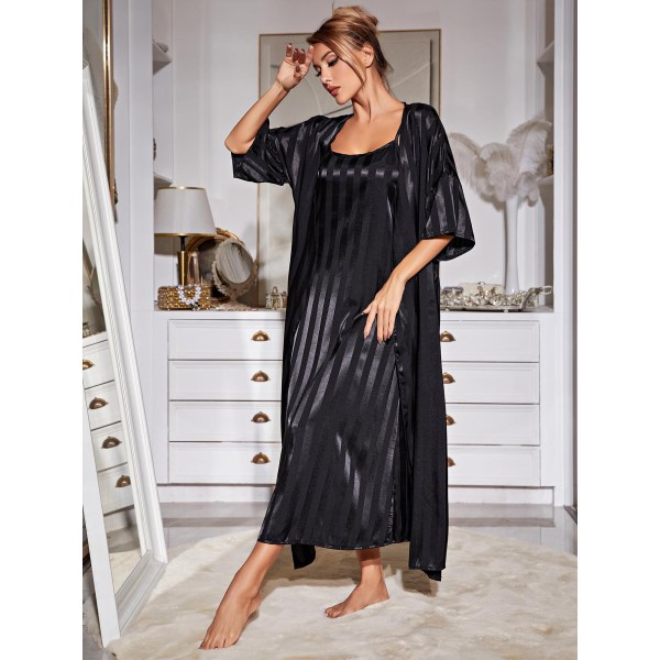 Naisten Silkki Satiini Pyjama Kevyt Aamutakki Setti Black L