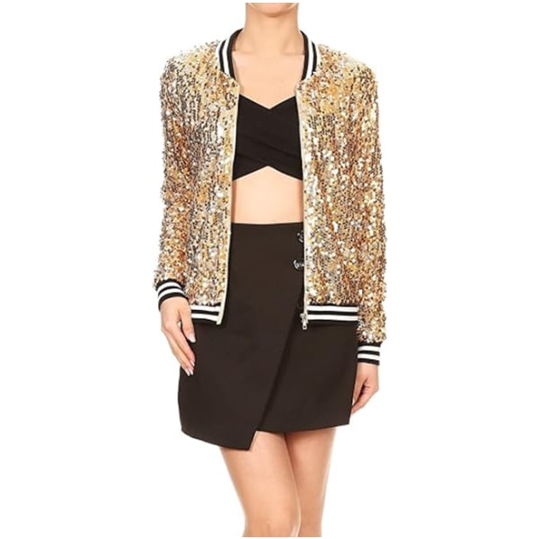 Kvinners Sequin Fitted Lang Ermet Glidelås Blazer Bomberjakke Gold M