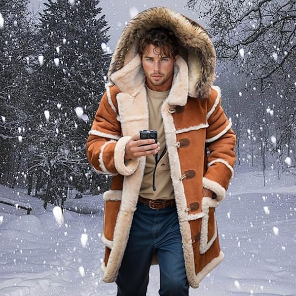 Herrar Pälsjackor med Huva Faux Suede Sherpa Fodrad Fårskinnjackor Brown 2XL
