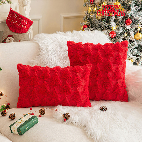 Julkuddar med Dekorativa Överkast, 2-pack, Mjuk Plysch Faux Ull Kuddfodral Red 1 30*50cm