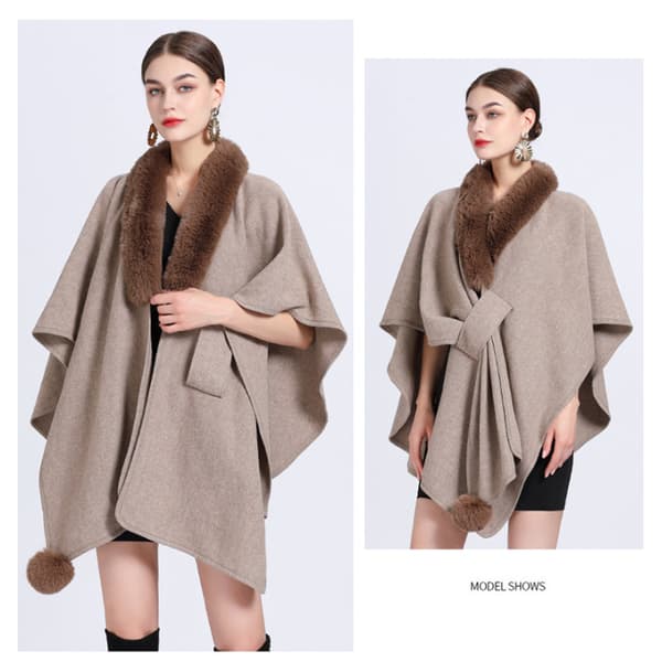 Faux Fur Trim Cardigan Kappe Sjal til Efterår Vinter Khaki