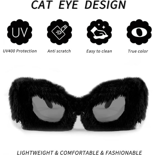 Plyssede Fuzzy Cat Eye Solbriller til Kvinder Black