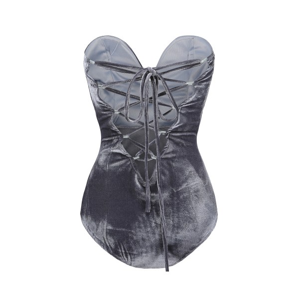 Kvinders V-hals Sexy Fløjls Strapless Bodysuit Jumpsuit Sød Hjerteformet Dyb Gray XL