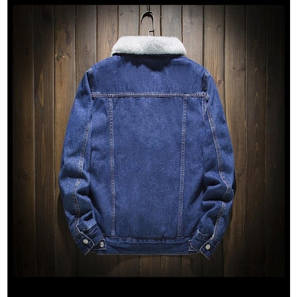 Mænds Lapel Sherpa Fleeceforet Tyk Denim Jean Trucker Jakke Frakker Dark Blue L