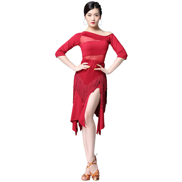 Naisten Latin Salsa Ballroom-tanssimekko Seksikäs Yläosa ja Sivuhaara Fringe-tanssihame Red M