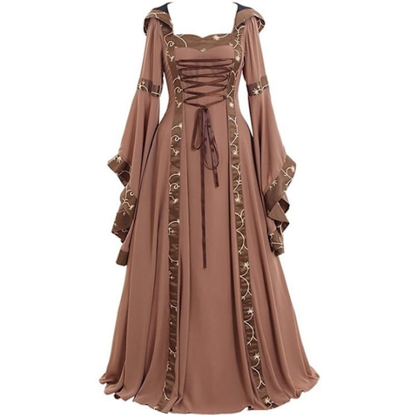 Vintage medeltida golvlängd cosplayklänning för kvinnor Khaki L