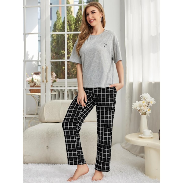 Dam Lounge Set i Bomull och Linne, Kortärmad Topp, Pyjamas, Långa Byxor Grey L