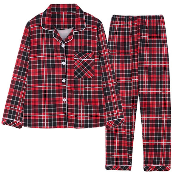 Mjukt Silke Långärmad Dam Plaid Skjorta Pyjamas Red 1 M