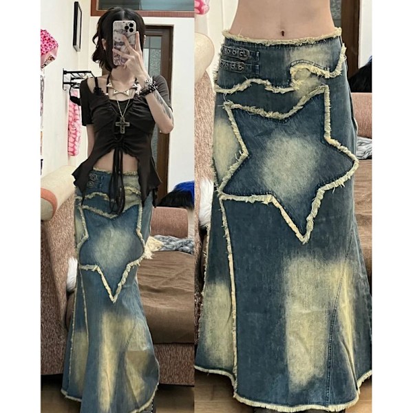 Kvinnor Trasig Fåll Denim Maxikjol Golvlång Lång Jeanskjol M