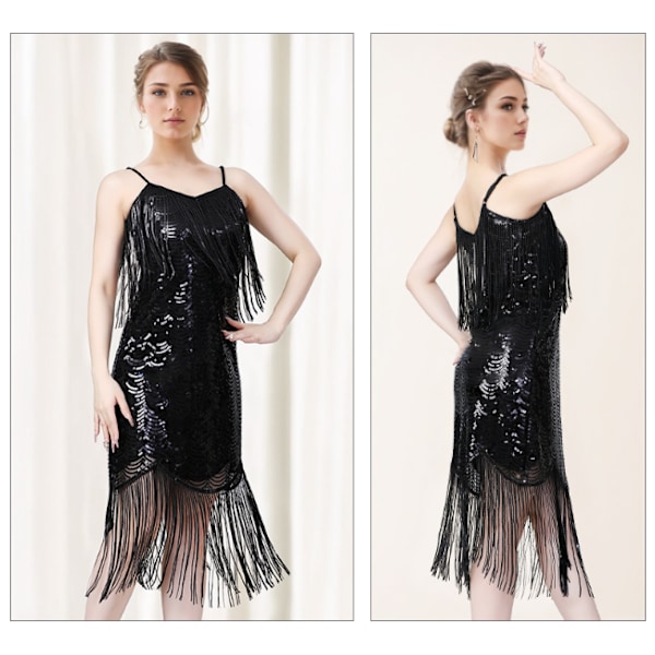 Dam Latin Dans Franskjol Klänning Party Kostym Paljett Sexig Linje Kostym Black L