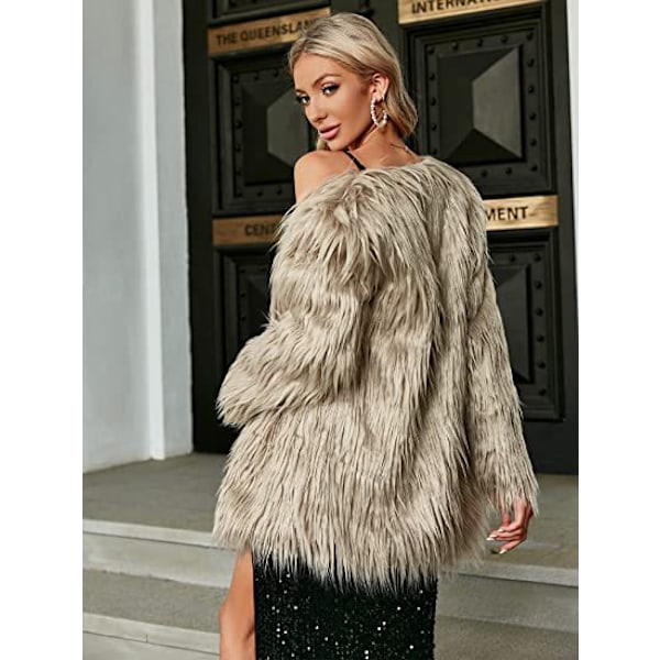 Dame Langærmet Fluffy Faux Fur Varmt Frakke Khaki L