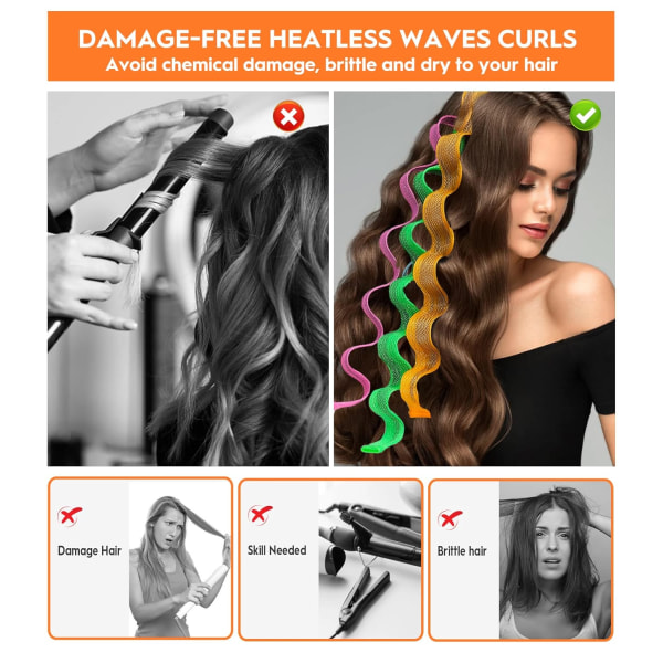 36 delar Heatless Waves hårrullare med stylingkrokar 55cm