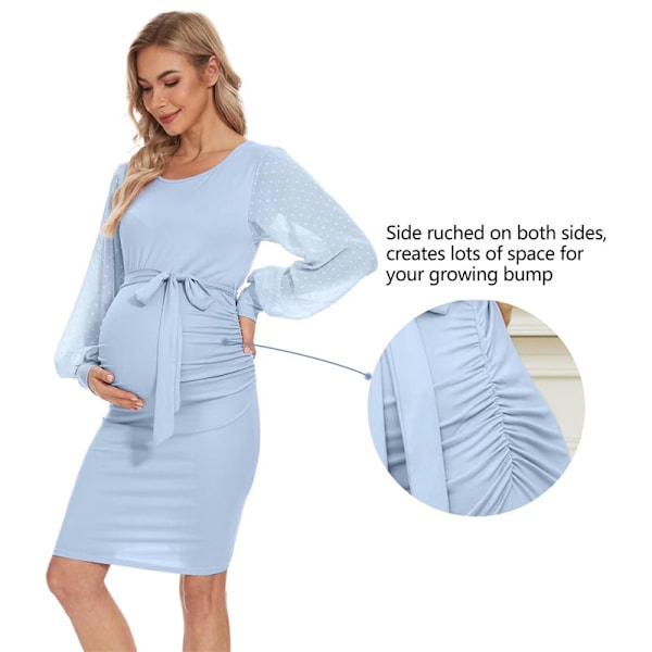 Blommig mesh biskopslångärmad graviditetsmidiklänning, höst graviditetsbodyconklänning Light Blue S