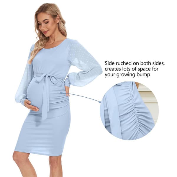 Blommig mesh biskopslångärmad graviditetsmidiklänning, höst graviditetsbodyconklänning Pink L
