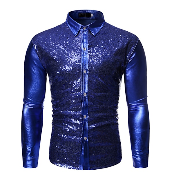 Menn Sequin Langarmet Skjorte Metallisk 60-talls Skjorte Knappeskjorte Blue M