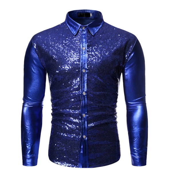 Menn Sequin Langarmet Skjorte Metallisk 62s Skjorte Knappeskjorte Blue XL