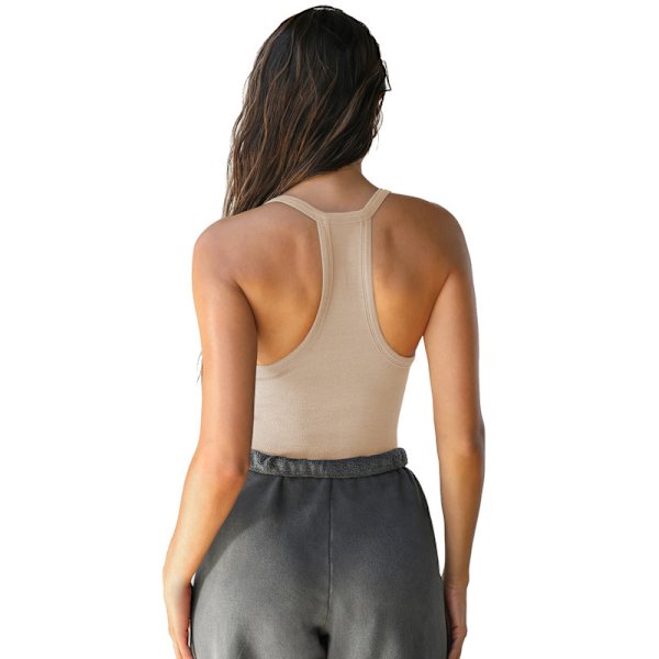 V-ringad racerback-linne för kvinnor, ribbat långt linne Beige M