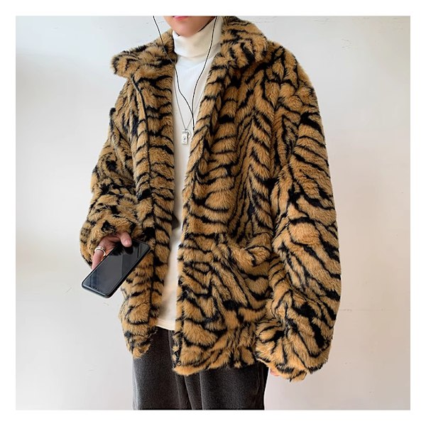 Mænds Vinter Kunstpelsjakke Tiger Print Oversize Yderbeklædning Yellow M