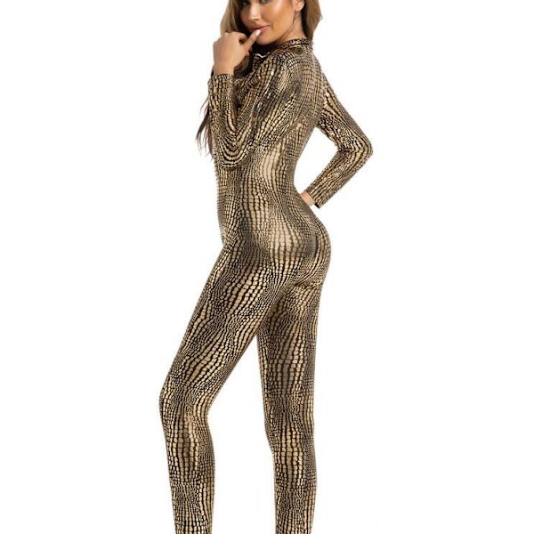 Sexig Python Skin Tight Jumpsuit för kvinnor gold L