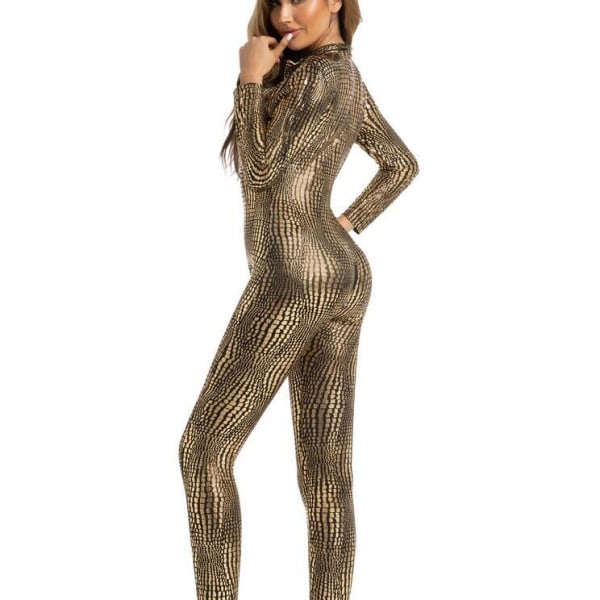 Sexig Python Skin Tight Jumpsuit för kvinnor gold M