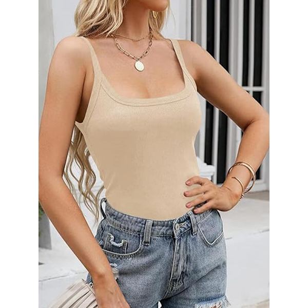 Naisten Scoop Neck Ribbed Tank Topit Treenihihaton Cami-paita Beige L