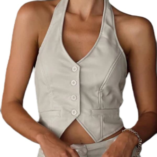 Dammode ärmlös halslös läderväst Top white XL