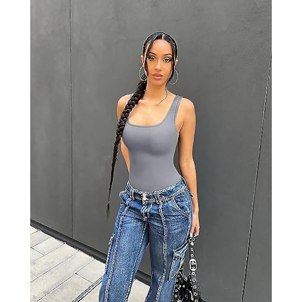 3-delt Bodysuit for Kvinner - Sexy Ribbet En-delt Tanktopp uten Ermer Black Grey White L